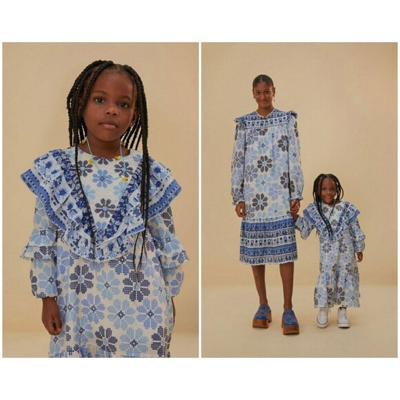 💕FARM RIO💕 Stitched Flowers Childrens Dress ~ Blue Off-White Print 10 NWT - Picture 1 of 16